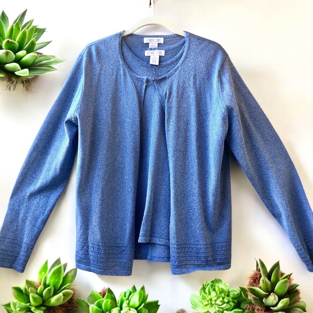 Cherokee Blue Cardigan Sweater & Tank Top Twin Set Vintage Hong Kong